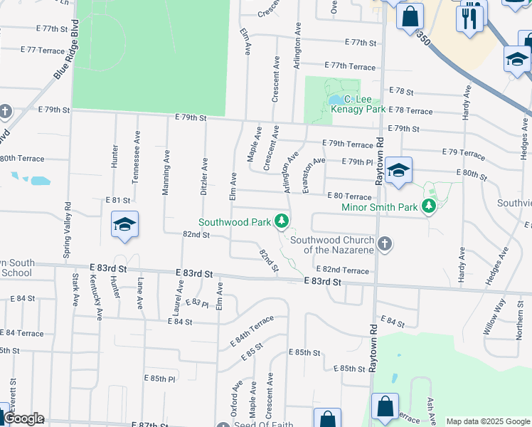 map of restaurants, bars, coffee shops, grocery stores, and more near 9406 East 81st Street in Raytown