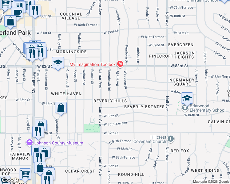 map of restaurants, bars, coffee shops, grocery stores, and more near 8417 Beverly Drive in Overland Park