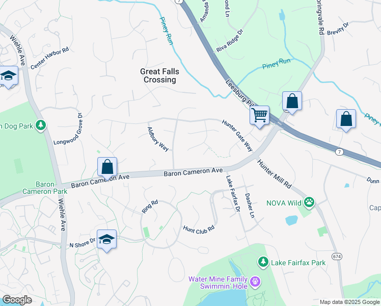 map of restaurants, bars, coffee shops, grocery stores, and more near 1327 Murray Downs Way in Reston