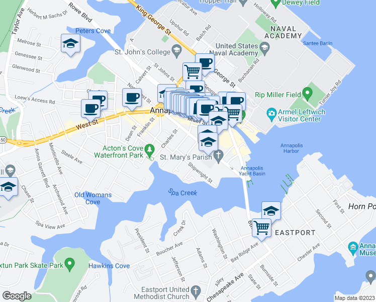 map of restaurants, bars, coffee shops, grocery stores, and more near 123 Market Street in Annapolis