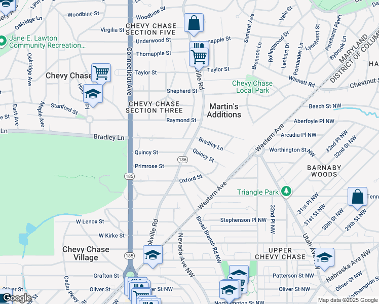map of restaurants, bars, coffee shops, grocery stores, and more near 6515 Brookville Road in Chevy Chase