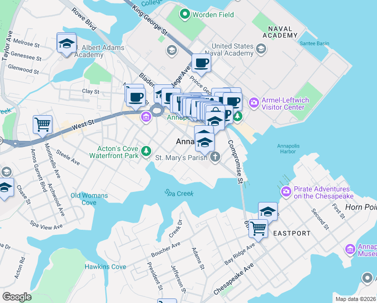 map of restaurants, bars, coffee shops, grocery stores, and more near 130 Market Street in Annapolis