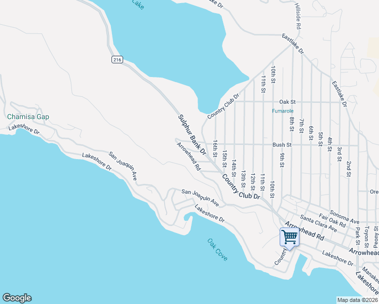map of restaurants, bars, coffee shops, grocery stores, and more near Hillside Street in Clearlake