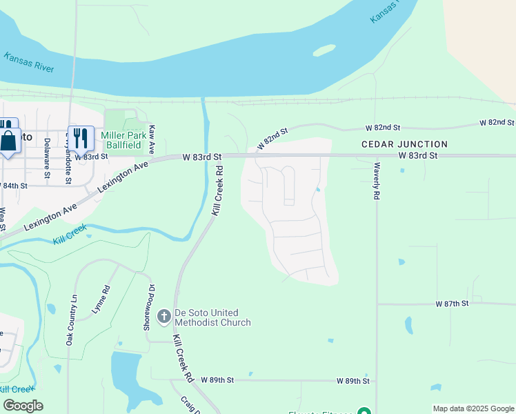 map of restaurants, bars, coffee shops, grocery stores, and more near 31723 West 83rd Court in De Soto