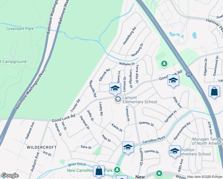map of restaurants, bars, coffee shops, grocery stores, and more near 7518 Newberry Lane in Lanham