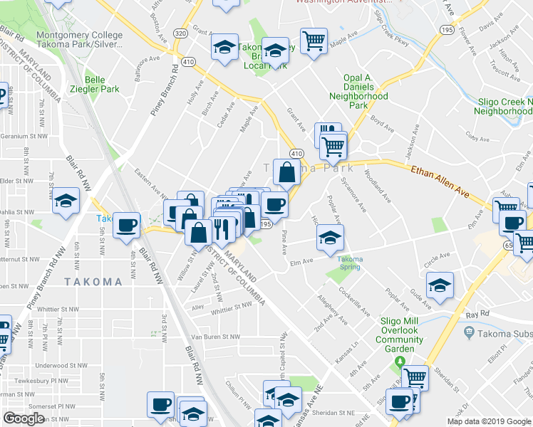 map of restaurants, bars, coffee shops, grocery stores, and more near 508 Tulip Avenue in Takoma Park