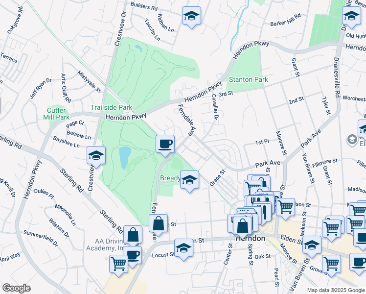 map of restaurants, bars, coffee shops, grocery stores, and more near 963 Barton Oaks Pl in Herndon