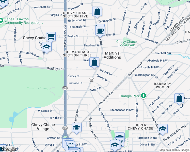 map of restaurants, bars, coffee shops, grocery stores, and more near 6515 Brookville Road in Chevy Chase