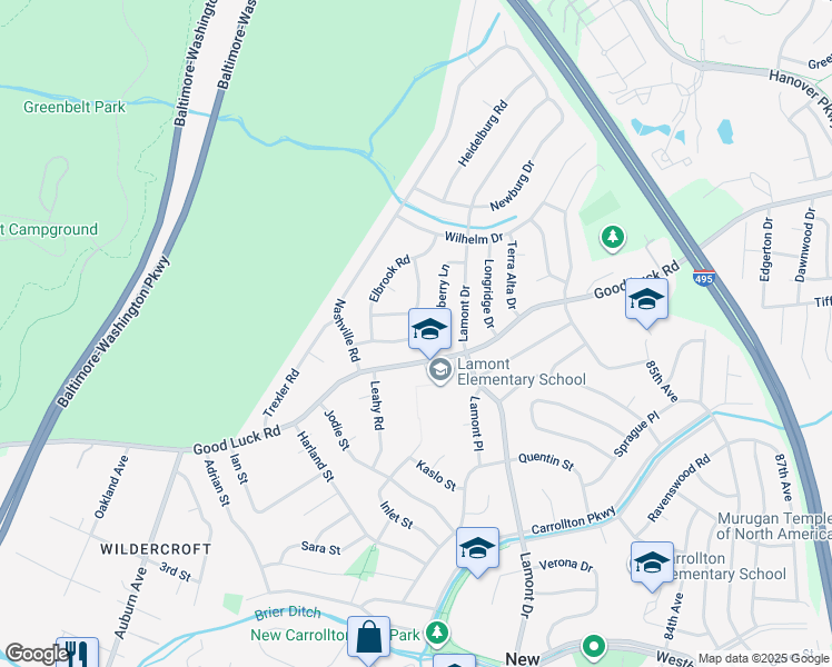 map of restaurants, bars, coffee shops, grocery stores, and more near 7518 Newberry Lane in Lanham