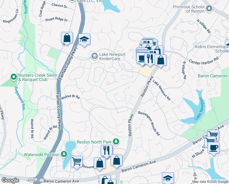map of restaurants, bars, coffee shops, grocery stores, and more near 1610 Barnstead Drive in Reston