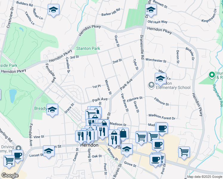 map of restaurants, bars, coffee shops, grocery stores, and more near 906 Monroe Street in Herndon