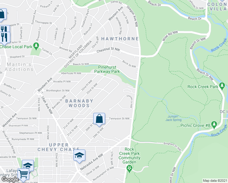 map of restaurants, bars, coffee shops, grocery stores, and more near 6609 31st Street Northwest in Washington