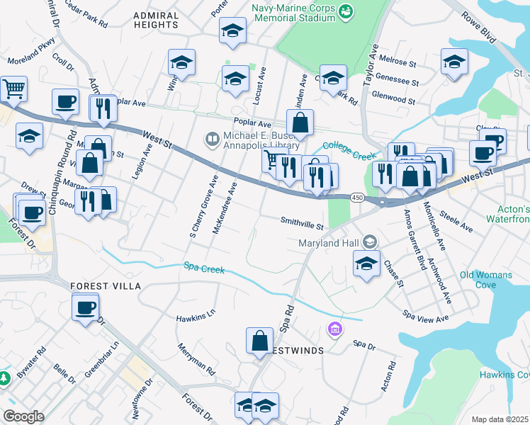 map of restaurants, bars, coffee shops, grocery stores, and more near 1114 Smithville Street in Annapolis