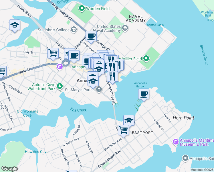 map of restaurants, bars, coffee shops, grocery stores, and more near 99 Compromise Street in Annapolis