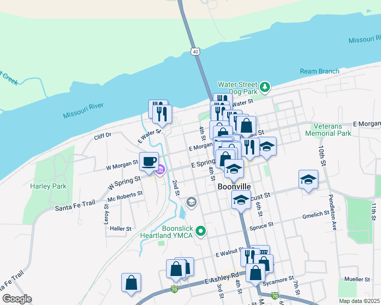 map of restaurants, bars, coffee shops, grocery stores, and more near 300 East Morgan Street in Boonville