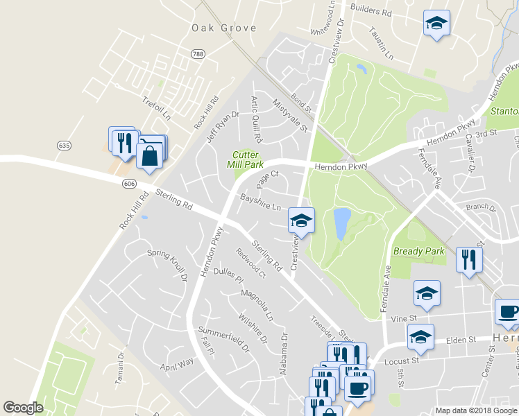 map of restaurants, bars, coffee shops, grocery stores, and more near 1315 Bayshire Lane in Herndon