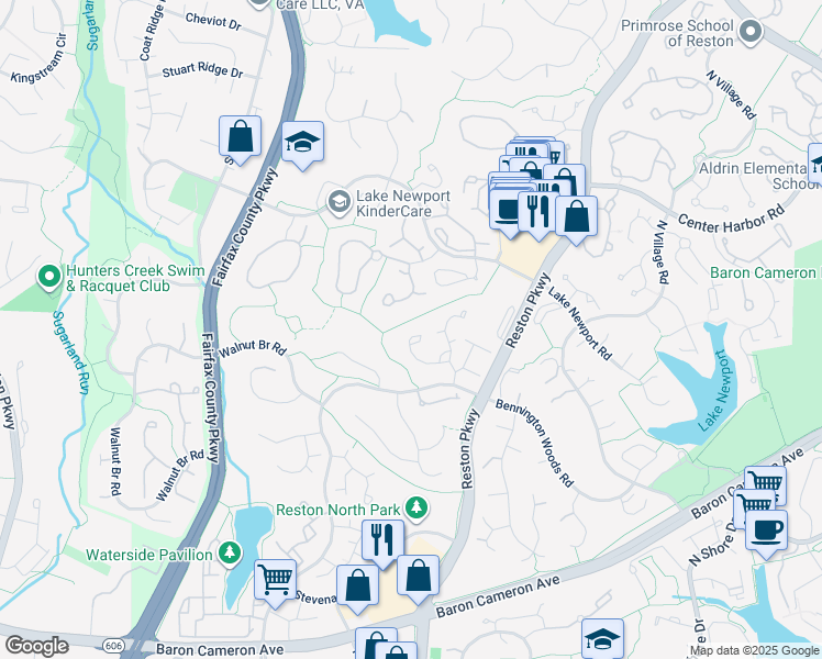 map of restaurants, bars, coffee shops, grocery stores, and more near 1610 Barnstead Drive in Reston