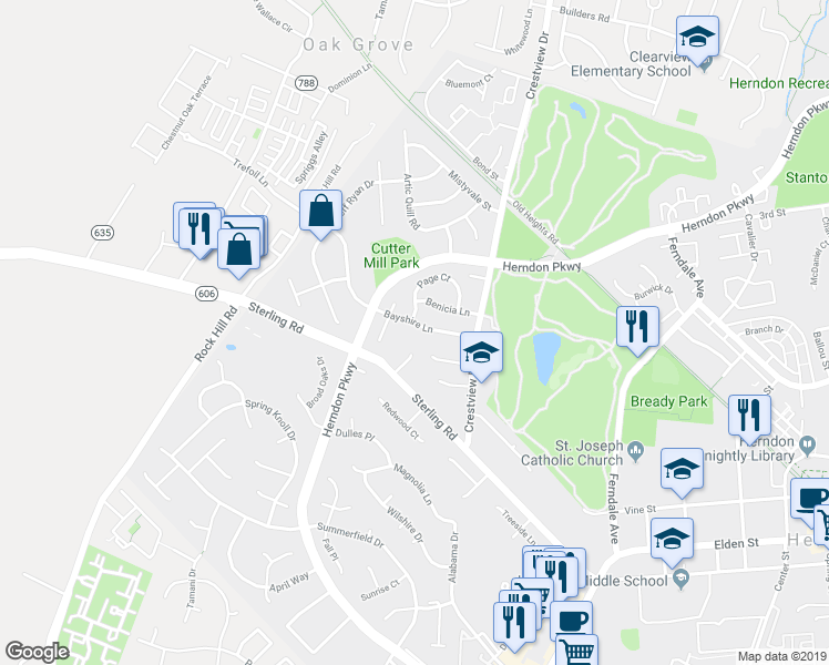 map of restaurants, bars, coffee shops, grocery stores, and more near 1315 Bayshire Lane in Herndon