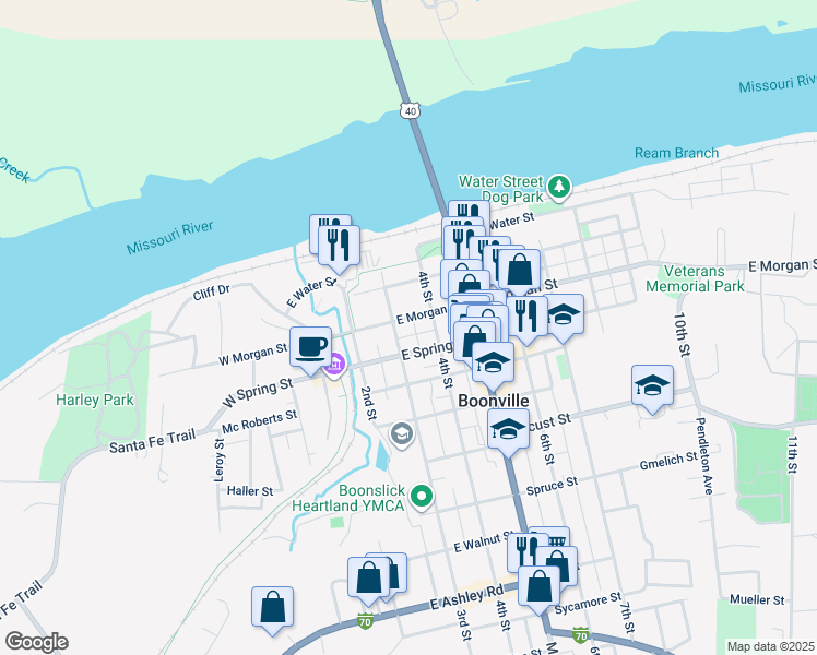 map of restaurants, bars, coffee shops, grocery stores, and more near 300-398 E Morgan St in Boonville