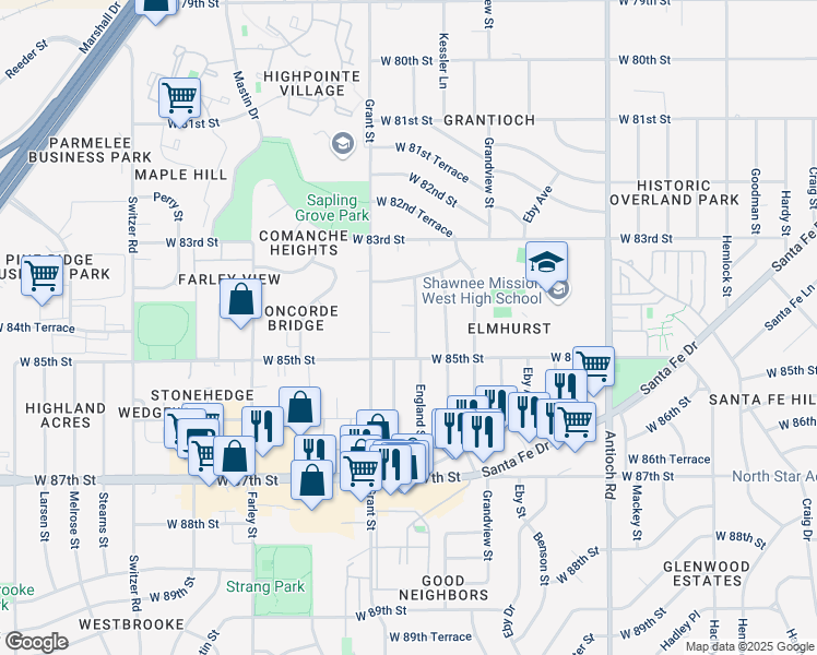 map of restaurants, bars, coffee shops, grocery stores, and more near 8427 England Street in Overland Park
