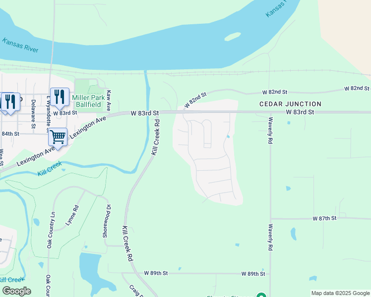 map of restaurants, bars, coffee shops, grocery stores, and more near 31723 West 83rd Court in De Soto