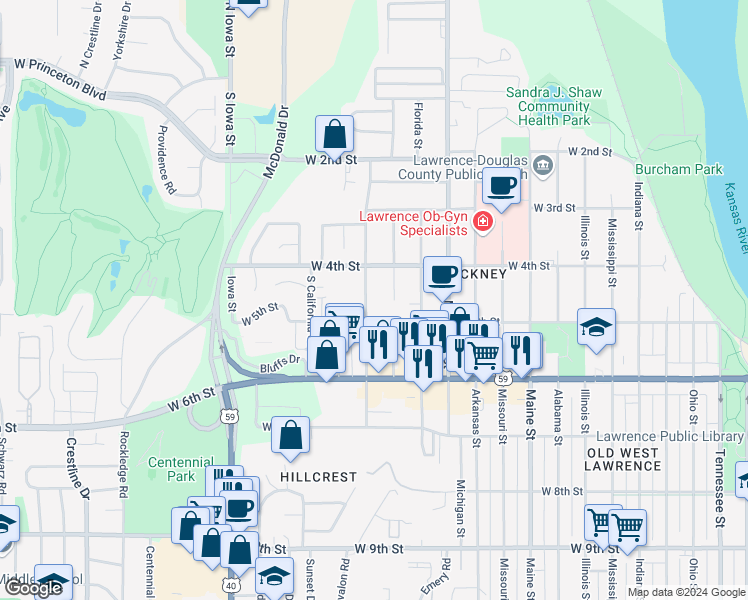 map of restaurants, bars, coffee shops, grocery stores, and more near 422 Wisconsin Street in Lawrence