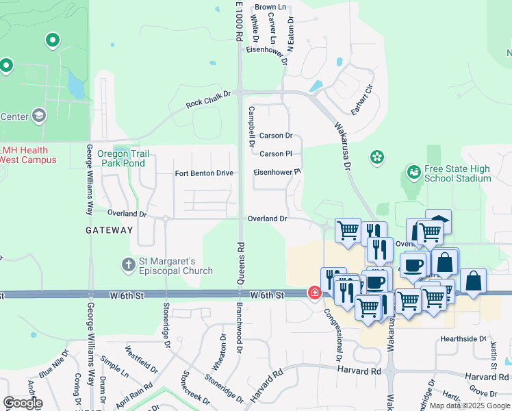 map of restaurants, bars, coffee shops, grocery stores, and more near 1624-1640 Queens Road in Lawrence