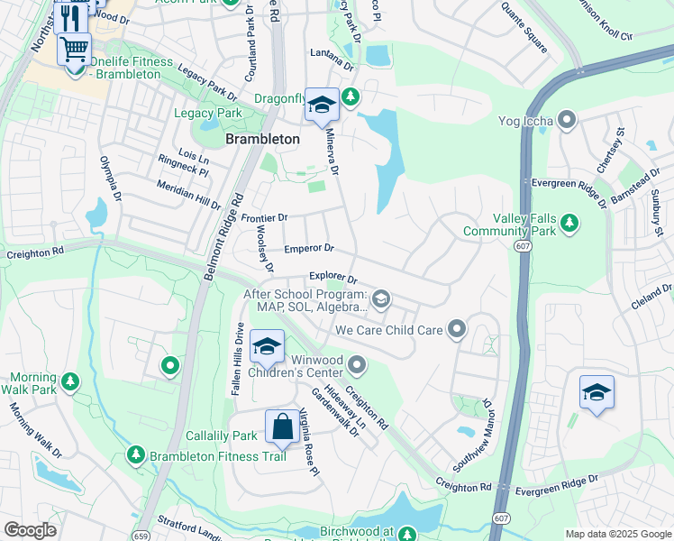 map of restaurants, bars, coffee shops, grocery stores, and more near 42694 Explorer Drive in Brambleton