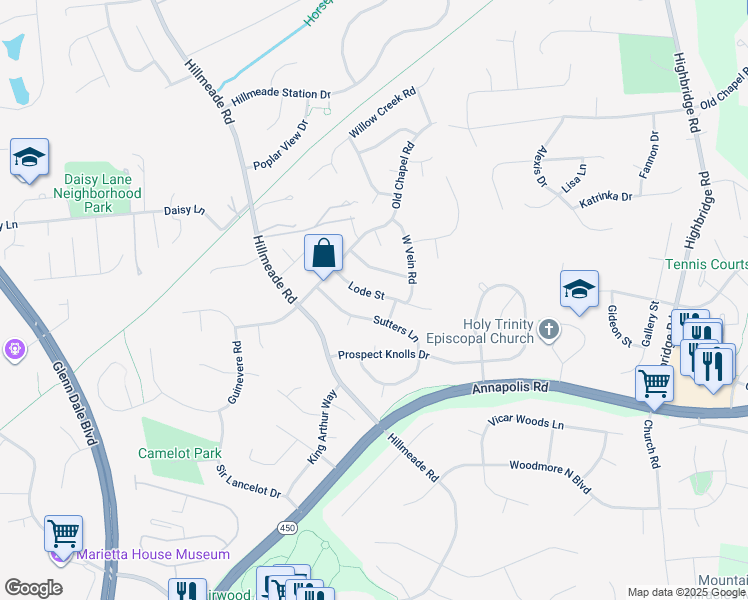 map of restaurants, bars, coffee shops, grocery stores, and more near 12715 Lode Street in Bowie