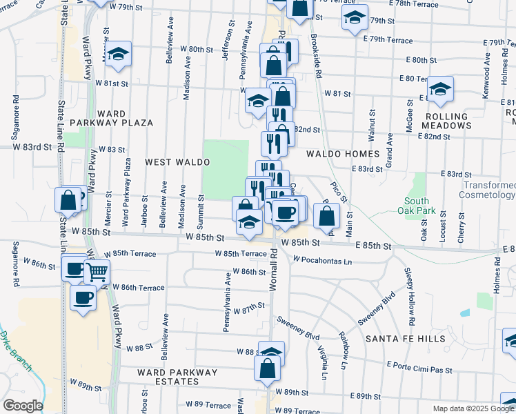 map of restaurants, bars, coffee shops, grocery stores, and more near 419 West 84th Street in Kansas City