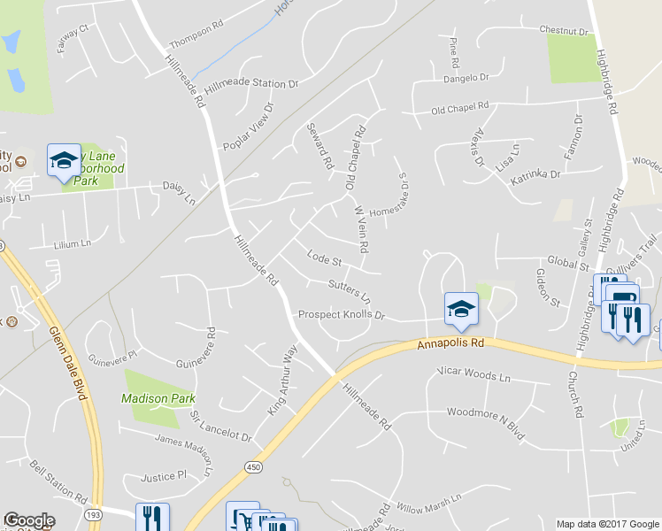 map of restaurants, bars, coffee shops, grocery stores, and more near 12715 Lode Street in Bowie