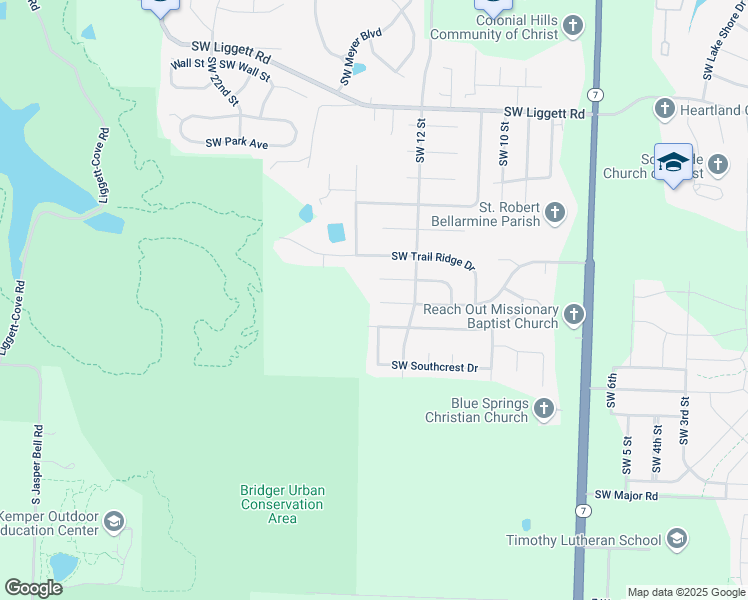 map of restaurants, bars, coffee shops, grocery stores, and more near 1225 Southwest Southgate Drive in Blue Springs