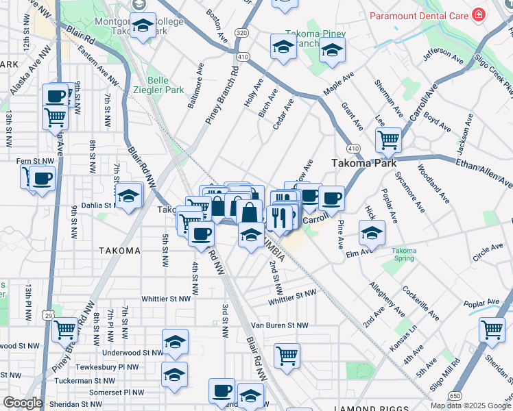 map of restaurants, bars, coffee shops, grocery stores, and more near 7106 Maple Avenue in Takoma Park