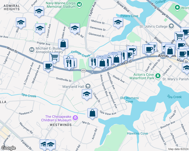 map of restaurants, bars, coffee shops, grocery stores, and more near 51 Spa Road in Annapolis