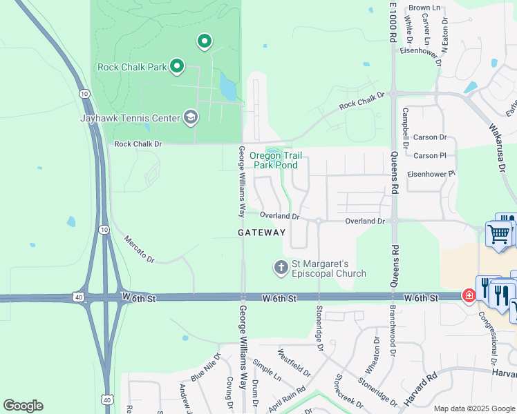 map of restaurants, bars, coffee shops, grocery stores, and more near 5803 Three Forks Court in Lawrence