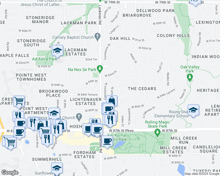 map of restaurants, bars, coffee shops, grocery stores, and more near 8436 Darnell Street in Lenexa