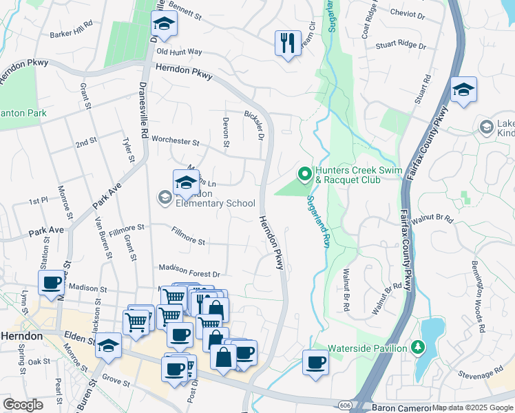 map of restaurants, bars, coffee shops, grocery stores, and more near 475 Woodshire Ln in Herndon