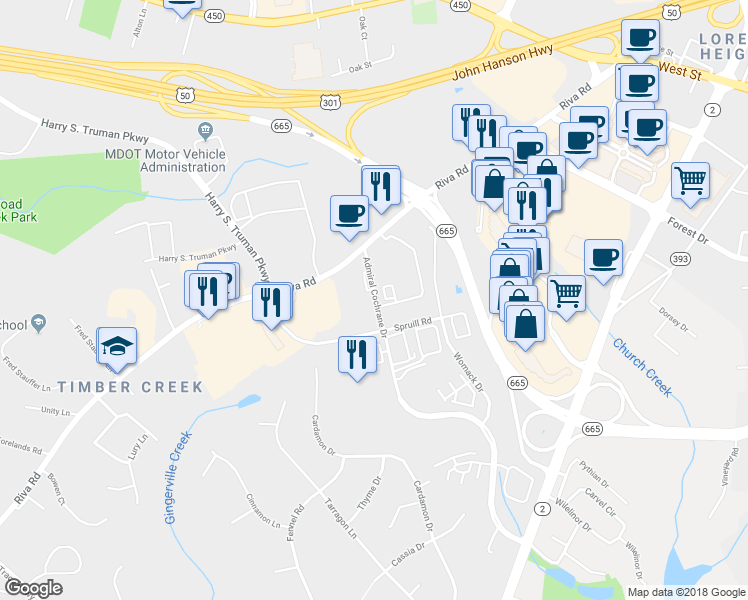 map of restaurants, bars, coffee shops, grocery stores, and more near 101 Admiral Cochrane Drive in Annapolis