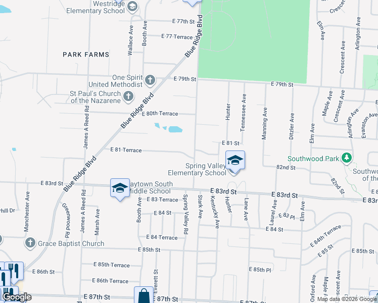 map of restaurants, bars, coffee shops, grocery stores, and more near 8800 East 81 Terrace in Raytown