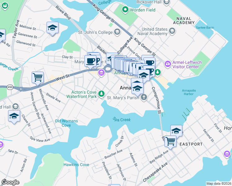 map of restaurants, bars, coffee shops, grocery stores, and more near 107 Conduit Street in Annapolis