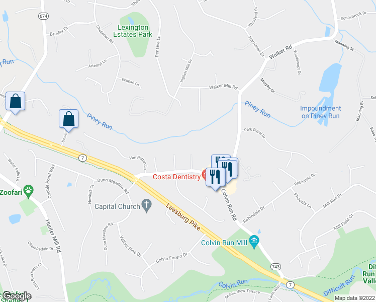 map of restaurants, bars, coffee shops, grocery stores, and more near 10206 Colvin Run Road in Great Falls