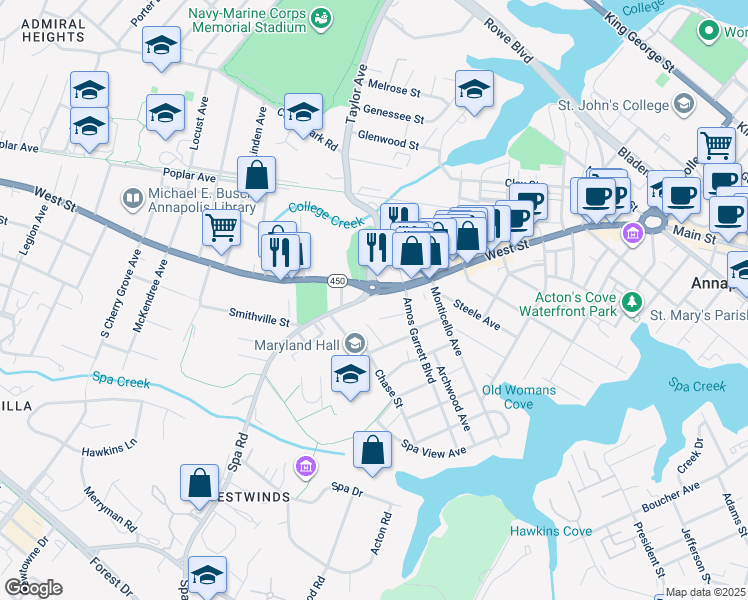 map of restaurants, bars, coffee shops, grocery stores, and more near 53 Spa Road in Annapolis