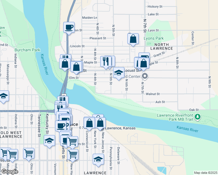 map of restaurants, bars, coffee shops, grocery stores, and more near 219 North 5th Street in Lawrence