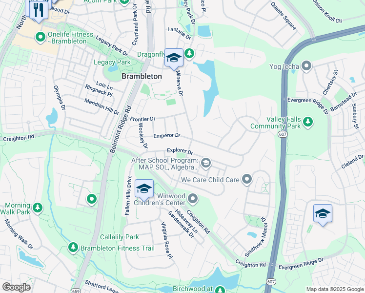 map of restaurants, bars, coffee shops, grocery stores, and more near 42694 Explorer Drive in Brambleton