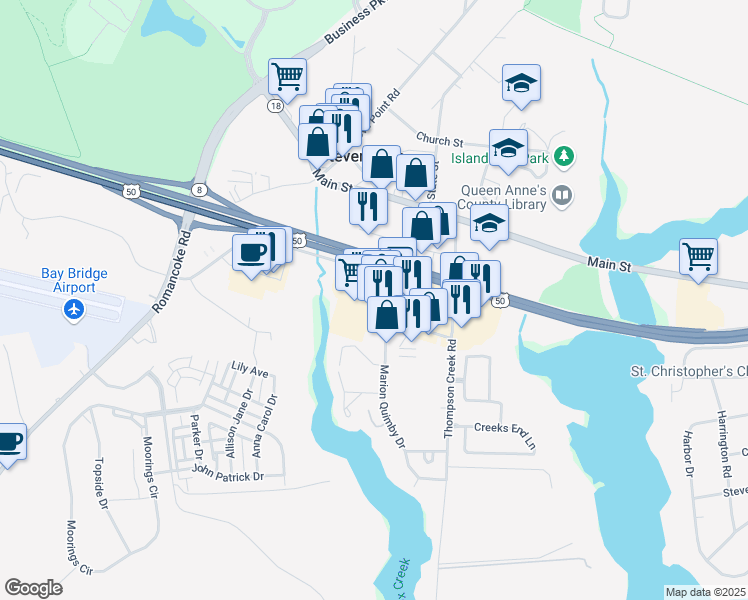 map of restaurants, bars, coffee shops, grocery stores, and more near 340 Thompson Creek Mall in Stevensville