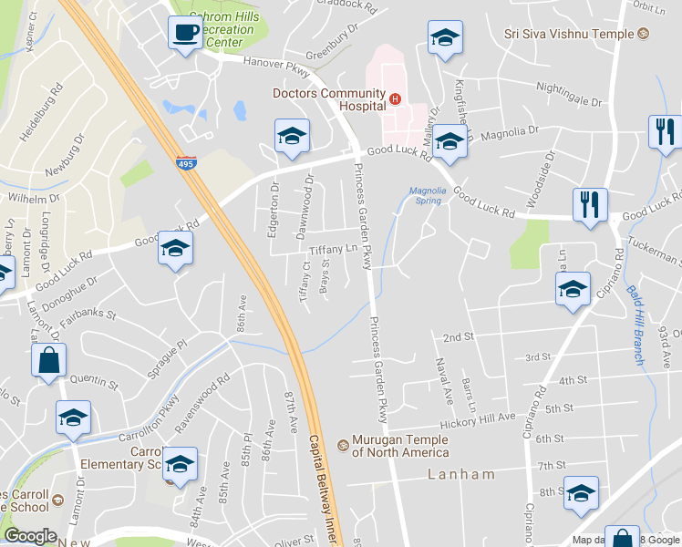 map of restaurants, bars, coffee shops, grocery stores, and more near 6410 Dahlgreen Court in Lanham