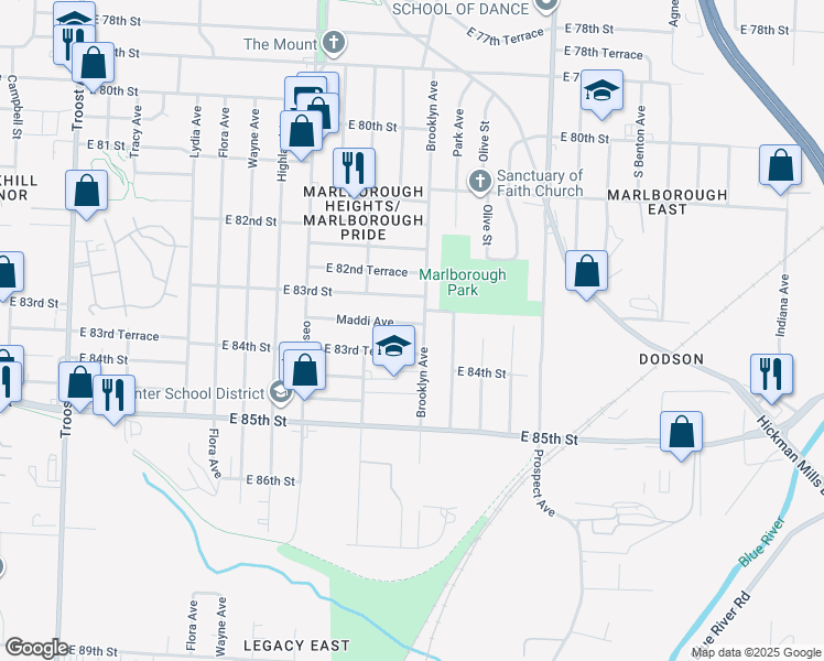 map of restaurants, bars, coffee shops, grocery stores, and more near 2129 Maddi Avenue in Kansas City