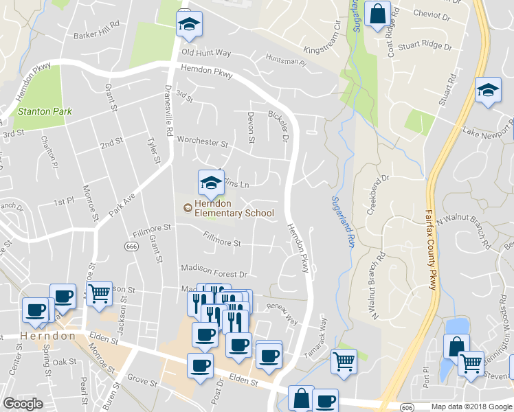 map of restaurants, bars, coffee shops, grocery stores, and more near 914 Ashburn Street in Herndon