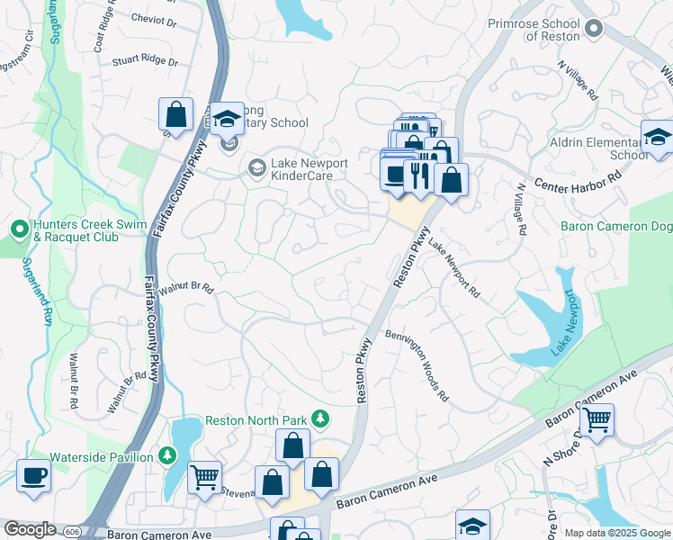 map of restaurants, bars, coffee shops, grocery stores, and more near 1646 Harvest Green Court in Reston