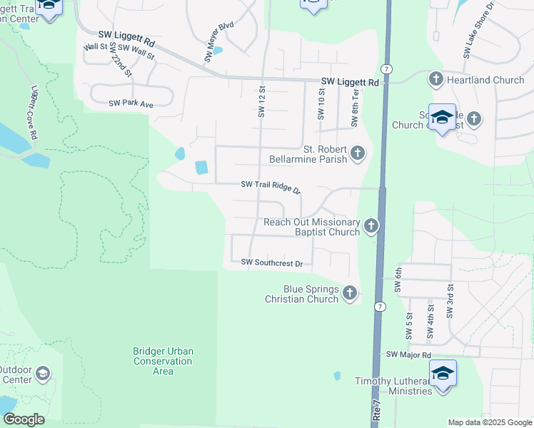 map of restaurants, bars, coffee shops, grocery stores, and more near 1133 Southwest Southgate Drive in Blue Springs